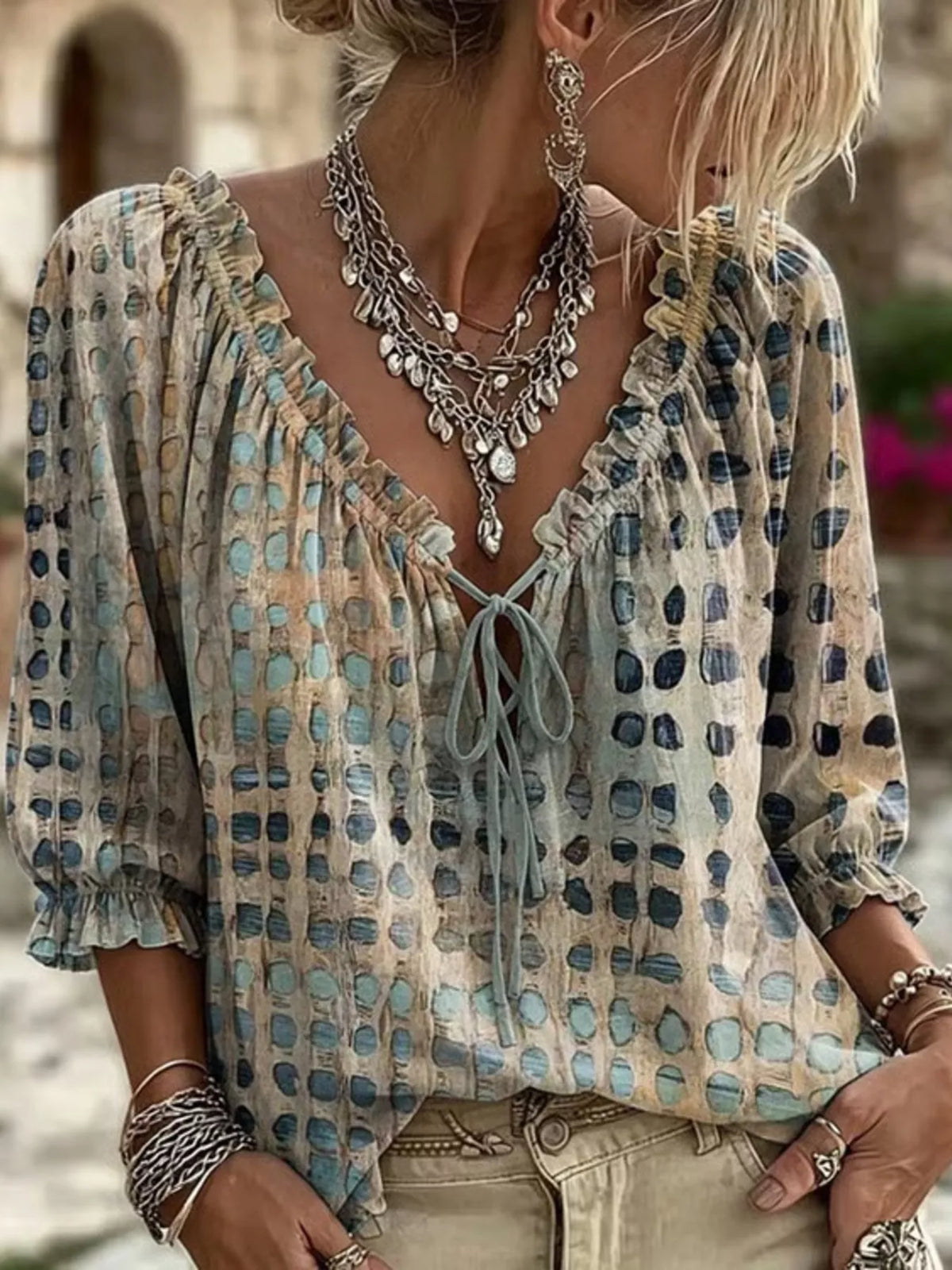 Boho Tie-Neck 3/4 Sleeve Blouse