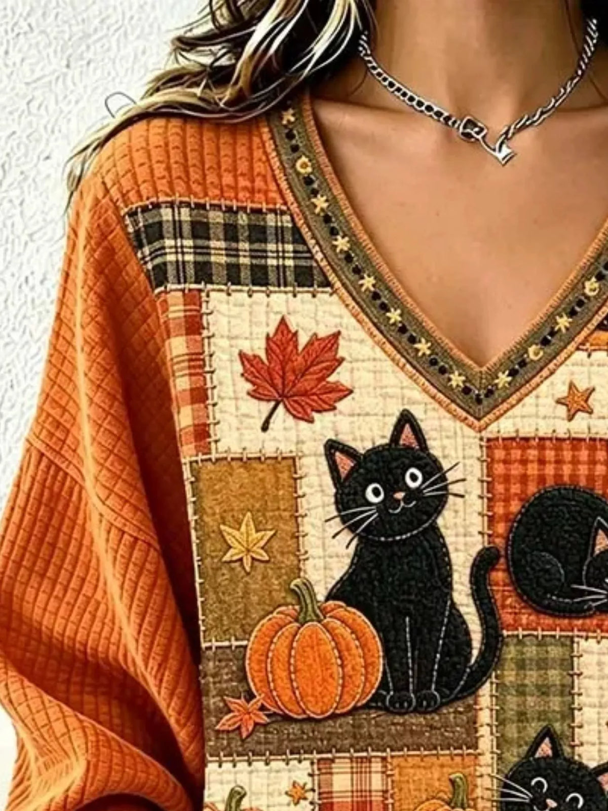 Cozy Cats & Pumpkins Fall V-Neck Sweater