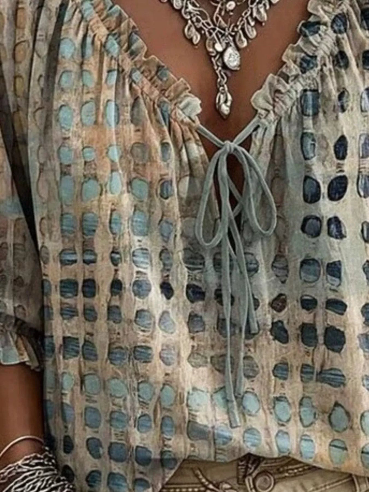 Boho Tie-Neck 3/4 Sleeve Blouse